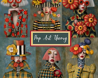 Surreal Portrait Art Clipart, 55 Pop Art Women , Floral Fashion, Colorful Retro Faces, Junk Journal, Scrapbooking Jpgs