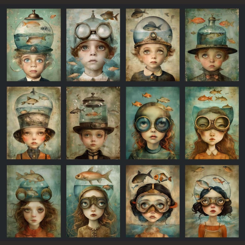 Surreal Fish Digital Art: Whimsical Junk Journal Kit (71 JPEGs) bild 9