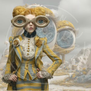 May include: A surreal image of a person wearing large, eye-shaped goggles and a yellow and blue striped suit. The person has yellow hair and is set against a fantastical landscape with giant eyes in the background. The suit has a floral accent.