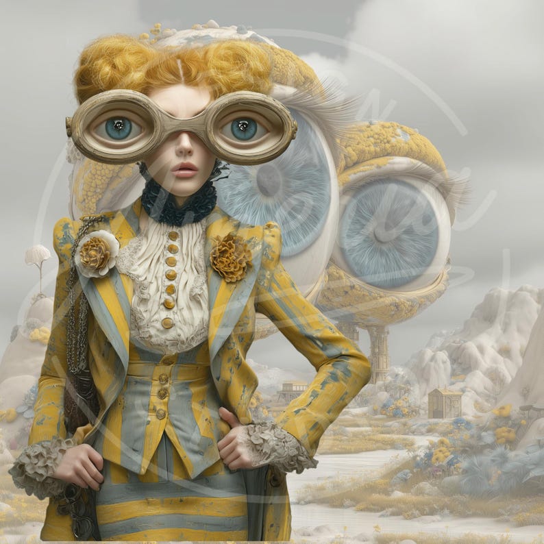 May include: A surreal image of a person wearing large, eye-shaped goggles and a yellow and blue striped suit. The person has yellow hair and is set against a fantastical landscape with giant eyes in the background. The suit has a floral accent.