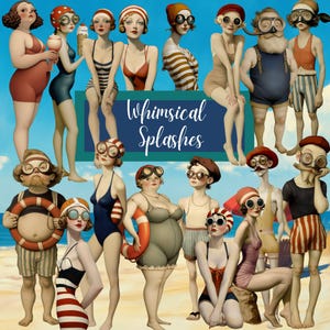Éclaboussures fantaisistes - Clipart personnages vintage sur le thème de la plage d'été, 56 pngs, fournitures de Junk Journal Scapbooking, technique mixte Collage CU