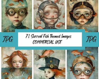 Surreal Fish Digital Art: Whimsical Junk Journal Kit (71 JPEGs)