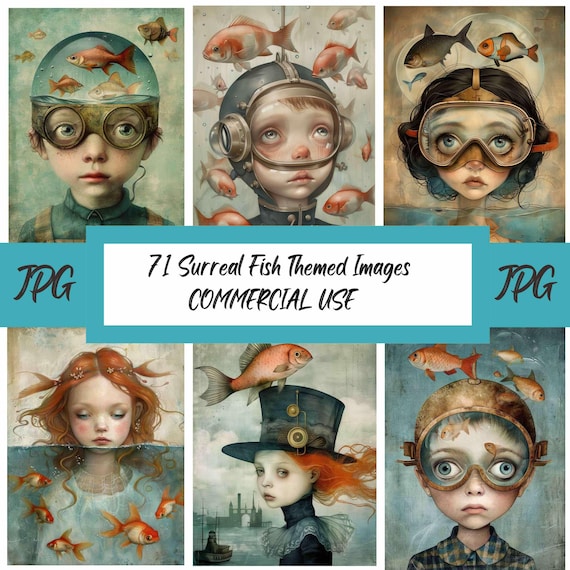 Surreal Fish Digital Art: Whimsical Junk Journal Kit (71 JPEGs)
