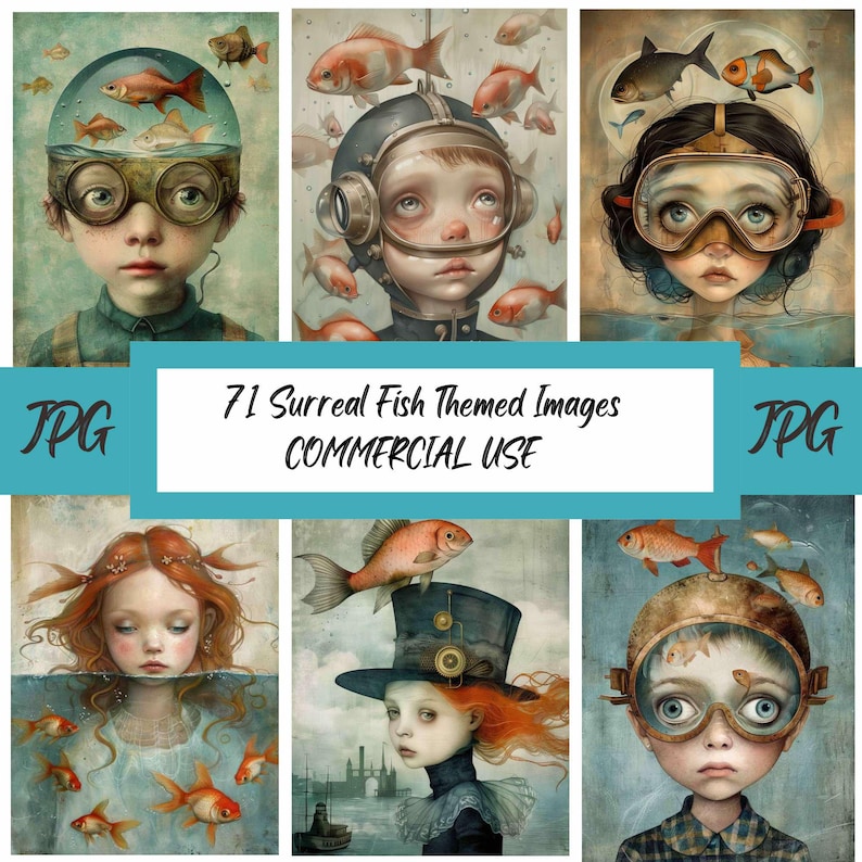 Surreal Fish Digital Art: Whimsical Junk Journal Kit (71 JPEGs) bild 1