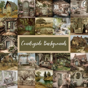 May include: A collage of picturesque countryside scenes, featuring cottages, gardens, and serene landscapes. The images showcase various architectural styles and natural settings, with the text "Countryside Backgrounds" in the center.