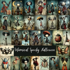 Könnte beinhalten: Eine Sammlung von skurrilen, gruseligen Halloween-Kunstdrucken. Die Bilder zeigen stilisierte Charaktere mit dunkler, gotischer Ästhetik, vor dem Hintergrund von Friedhöfen und Nachtszenen. Der Text "Whimsical Spooky Halloween" wird angezeigt.