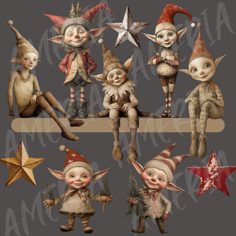 May include: Seven whimsical Christmas elves with pointed ears, wearing red and white striped hats, sitting on a wooden shelf. The elves are holding small pine trees and stars.