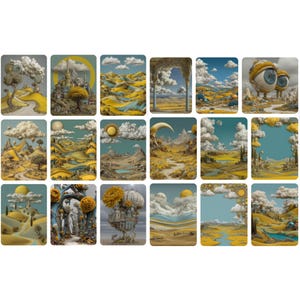May include: A collection of sixteen surreal art prints. Each print features a unique landscape with yellow, blue, and gray color palettes. The scenes include floating castles, rolling hills, and whimsical cloud formations.
