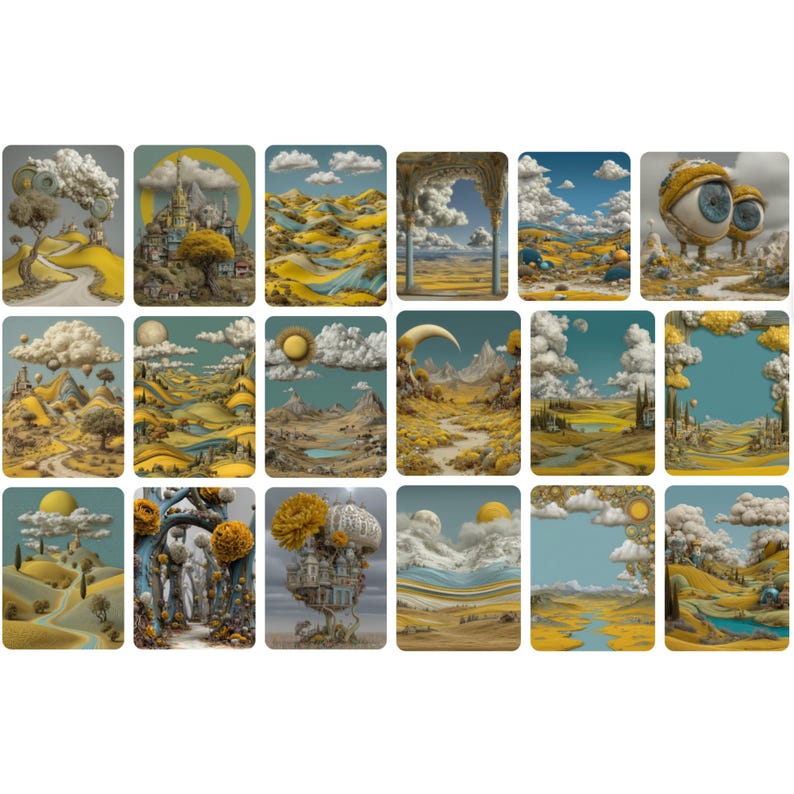 May include: A collection of sixteen surreal art prints. Each print features a unique landscape with yellow, blue, and gray color palettes. The scenes include floating castles, rolling hills, and whimsical cloud formations.