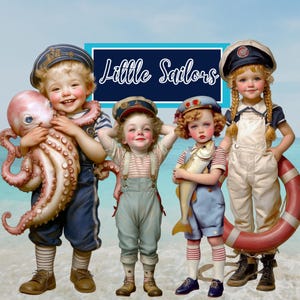 Puede incluir: Cuatro niños vestidos de marineros están en una playa. Uno sostiene un gran pulpo, otro un pez y un tercero se apoya en un salvavidas. La imagen incluye el texto "Little Sailors" en un rectángulo azul.
