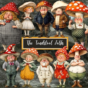 Puede incluir: Una ilustración caprichosa que presenta un grupo de personajes con cabeza de hongo vestidos con varios atuendos. Los personajes están representados con rasgos y expresiones humanas. El texto "The toadstool Folks" se muestra en un letrero negro y amarillo.