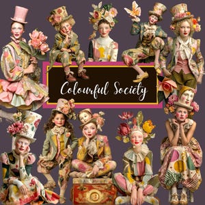 May include: A collage of figures in whimsical, colorful outfits, each adorned with floral hats and accessories. The text "Colourful Society" is displayed on a dark background. The figures are dressed in a variety of patterns and colors, creating a vibrant and artistic composition.