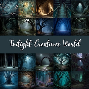 Peut inclure: Un collage de scènes de forêts fantastiques sur un fond bleu canard foncé. Les scènes représentent divers sentiers forestiers, grottes et ponts, avec une atmosphère mystique et enchanteresse. Le texte "Twilight Creatures World" est écrit en cursive.