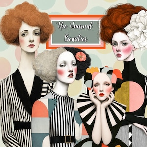 Surreal  Women Portrait Clipart, 54 PNG Whimsical Faces + 30 Backgrounds