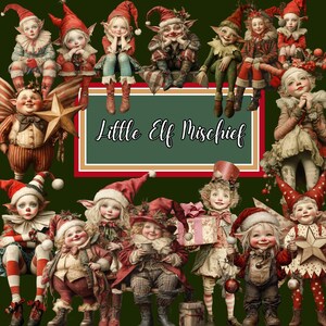 Puede incluir: Una colección de figuras de duendes caprichosos en varias poses, con ropa, sombreros y accesorios festivos en rojo y verde. Un marco rectangular central presenta el texto Little Elf Mischief en una fuente cursiva sobre fondo verde.