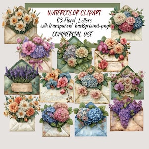 Floral Envelope -  Vintage Letter Clipart, 63 PNGS, Watercolor clipart, Digital download, Paper craft, junk journals, Scrapbook Supplies, CU