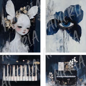 May include: A collage of four paintings. The first painting features a white porcelain doll with a blue background. The second painting features a blue eye with a blue flower. The third painting features a black and white piano keyboard. The fourth painting features a black piano with white flowers.