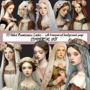 Vailed Renaissance Ladies 55 PNG Graphics, Medieval Clipart, Junk journal, Commercial Use, Digital Download Scrapbooking Kit ,  Card Making