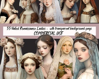 May include: A collection of 55 digital illustrations of Renaissance women wearing veils. The women are depicted with delicate features and intricate lace veils. The images have transparent backgrounds, making them suitable for commercial use.