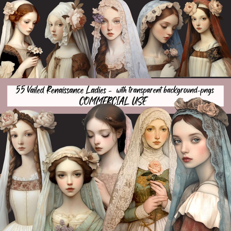 Renaissance Ladies Clipart, Medieval Portraits, PNG Graphics (digital ...