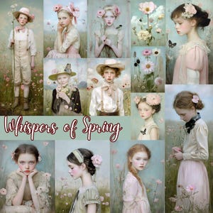 Susurros de primavera - 90 imágenes Retratos de personas con temática primaveral, flores pastel, diario basura vintage, suministros para álbumes de recortes digitales, CU