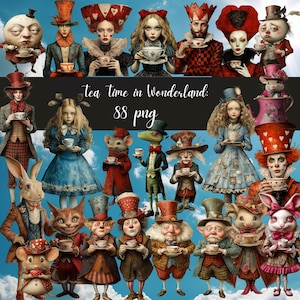 L'heure du thé au pays des merveilles, 88 pngs, clipart Alice au pays des merveilles, Junk Journal numérique imprimable, poupées en papier, PNG Clip Art éphémères fantaisistes