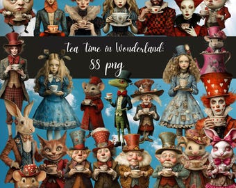Tea Time in Wonderland, 88 pngs, Alice in Wonderland clipart, Junk Journal Digital Printable Paper Dolls, PNG Clip Art   Whimsical Ephemera