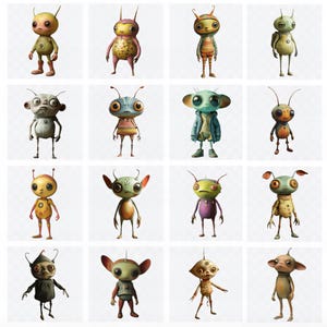 May include: A collection of 16 colourful, cartoon-like alien characters with different features and clothing. The aliens are standing on a white background.