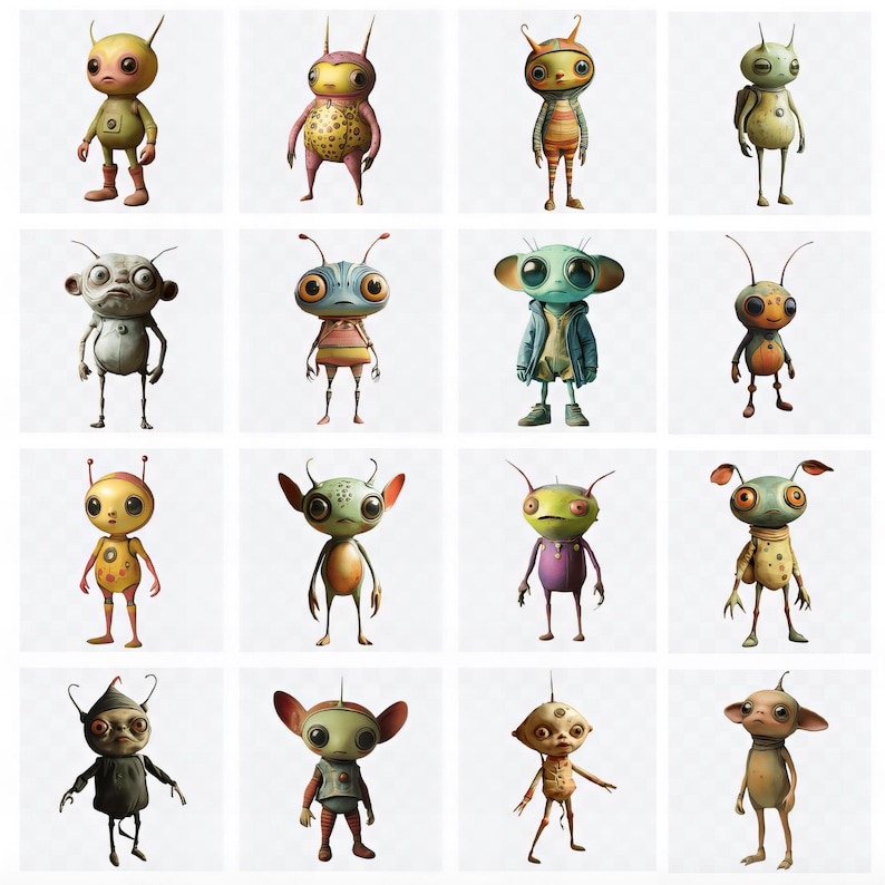 May include: A collection of 16 colourful, cartoon-like alien characters with different features and clothing. The aliens are standing on a white background.