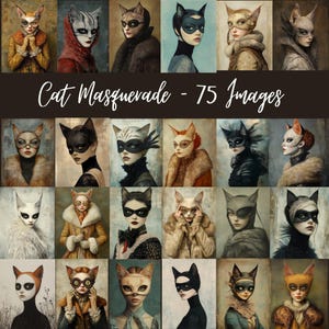 Cat Masquerade - 75 personaggi a tema surreale/gotico/inquietante/Halloween, Jpeg CU, diari spazzatura, arte digitale, ritratti vittoriani di donne CU
