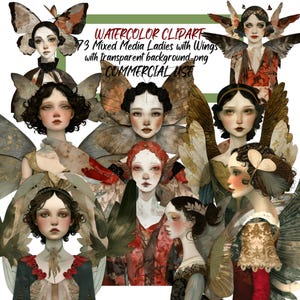 73 femmes techniques mixtes avec des ailes, ailes fantaisistes vintage Painterly Ladies Wings Junk Journal usage commercial, téléchargement numérique CU