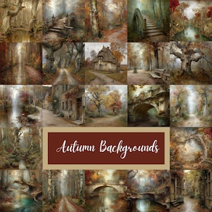 May include: A collage of 20 autumn-themed backgrounds. The images depict various scenes, including forests, bridges, and buildings, with a warm color palette of browns, oranges, and greens. Text in the center reads "Autumn Backgrounds."