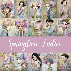 Damas de primavera: 58 imágenes prediseñadas de mujeres con motivos florales pastel vintage en formato JPG, efímeras para diarios basura, creación de tarjetas, álbumes de recortes, colección de técnicas mixtas