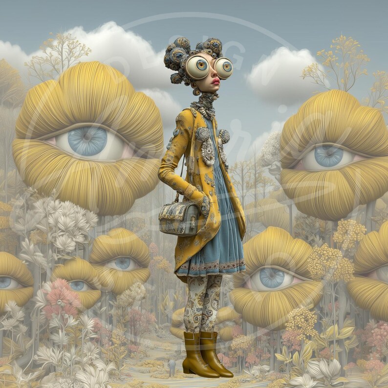 May include: An artistic illustration of a figure in a yellow coat and blue dress, with large eyes and a purse. The background features large yellow eye-shaped clouds and a forest scene, creating a surreal and whimsical atmosphere.