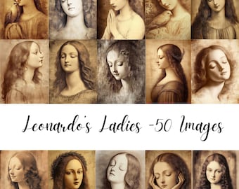 Puede incluir: Un collage de 9 imágenes en sepia de mujeres con cabello largo, cada una con una expresión y una pose diferentes. Las imágenes están dispuestas en una cuadrícula de 3x3. El texto "Leonardo's Ladies - 50 Images" se muestra debajo de las imágenes.