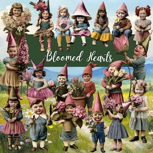 Bloomed Hearts - Wunderliche Frühlingsblumen Vintage Kinder retro Kinderfotos mit Blumen, Junk-Journal, digitaler Download
