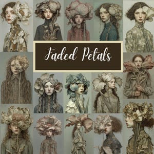 Floral Woman Portraits |  136  whimsical  Images Junk Journal Ephemera Clipart, Scrapbooking, Grunge Art  - Faded Petals