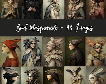 Könnte beinhalten: Eine Collage aus 12 Bildern, die Personen zeigen, die Vogelmasken und -kostüme tragen. Die Bilder sind in einem Raster angeordnet und der Text "Bird Masquerade - 93 Images" erscheint am unteren Rand der Collage.