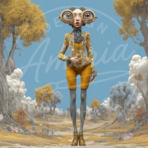 May include: A whimsical figure with oversized eyes, wearing a yellow patterned jacket and shorts, gray stockings, and brown boots. The figure stands in a surreal landscape with yellow trees and a blue sky. The text "DESIGN Amaria" is visible.