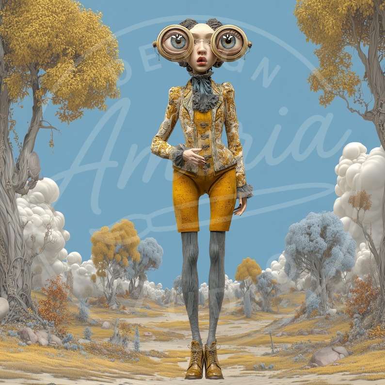 May include: A whimsical figure with oversized eyes, wearing a yellow patterned jacket and shorts, gray stockings, and brown boots. The figure stands in a surreal landscape with yellow trees and a blue sky. The text "DESIGN Amaria" is visible.