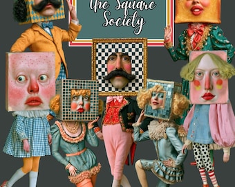 Surreal Printable Paper Dolls, 119 Quirky Whimsical Characters PNG, Peculiar Square Head Clipart, Vintage Digital Download