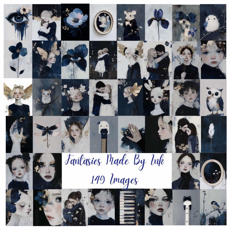 May include: A collage of 36 images featuring whimsical illustrations in shades of blue and grey. The images depict various scenes, including portraits of children, animals, and nature. The text "Fantasies Made By Ink 149 Images" is displayed at the bottom of the collage.