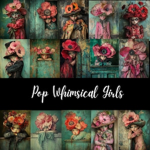 Chicas pop caprichosas, retratos caprichosos, arte para niñas pequeñas, diario basura con arte floral de moda, arte surrealista imprimible, decoración moderna para guardería.