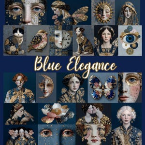 Blue Elegance – 100 cliparts de femmes bleu et or pour le scrapbooking, kit de journalisation indésirable, création de collages techniques mixtes | Utilisation commerciale