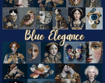Surreal Women Clipart: Vintage Portraits for Junk Journals (100 JPGs) Blue & Gold, Scrapbooking