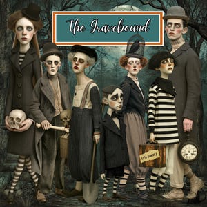 Op de afbeelding: Een digitale illustratie getiteld The Gravebound met zes bleke figuren in donkere, vintage-geïnspireerde kleding in een bos. Eén figuur houdt een schedel vast, een andere een schep, één draagt een vogelkooi-hoed en één draagt een koffer met het opschrift Last Journey.