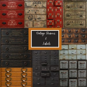 May include: A collage of various storage cabinets and drawers featuring diverse finishes including red, black, brown, and weathered gray. The drawers display printed text labels such as Farmer's Market, Ciclista, and Prairie Acres, with metal pulls.