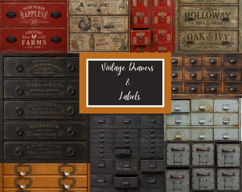 Vintage Cabinets, Chest of Drawers , Old Labels for Collage and Mixed Media Projects