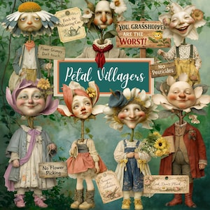 Petal Villagers – 20 imágenes prediseñadas de personajes surrealistas de primavera + 37 etiquetas, arte floral para scrapbooking, Junk Journaling, arte con técnicas mixtas y creación de tarjetas
