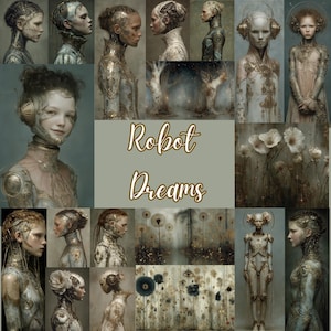 Robot Dreams 70 Fantazyjne Steampunkowe Roboty Clipart 24 Tła, AI Doll Art JPG do scrapbookingu, Junk Journals, Użytek komercyjny